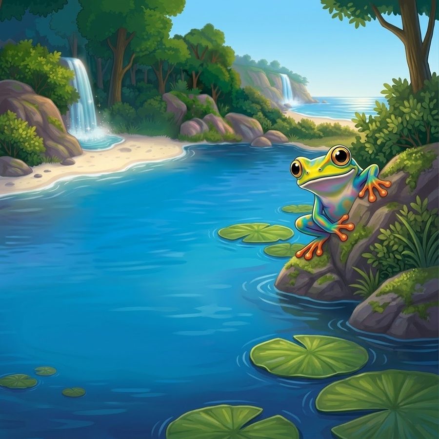 Tai the tie-dye frog peering out at her world from the rocky shoreline